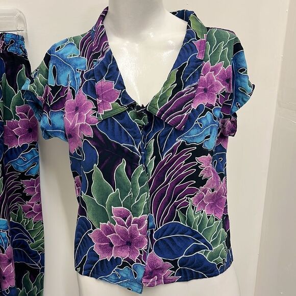 Bali Maximalist Purple Blue Floral Summer 2-Piece Wide Leg Casual Pant Set - Picture 3 of 10